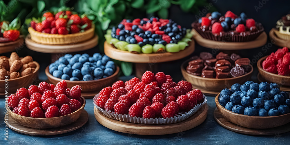 Fototapeta premium Berry Burst: A visually stunning composition of fruit arrangements, showcasing fresh raspberries and blueberries, creating a vibrant and delectable display.