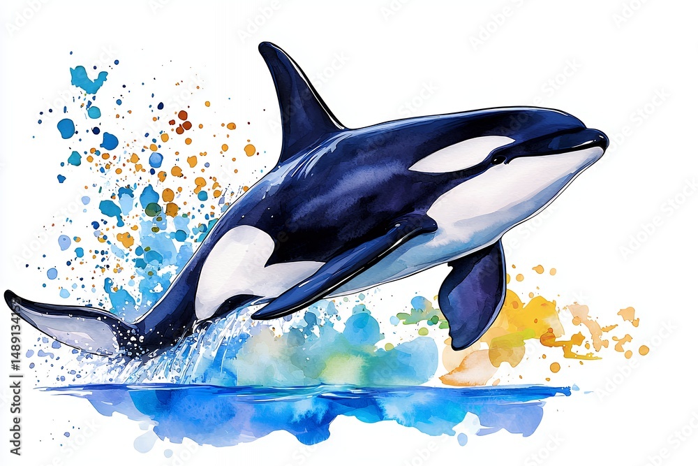 Obraz premium Orca Whale Leaping Above Vibrant Ocean Waves in Watercolor Style