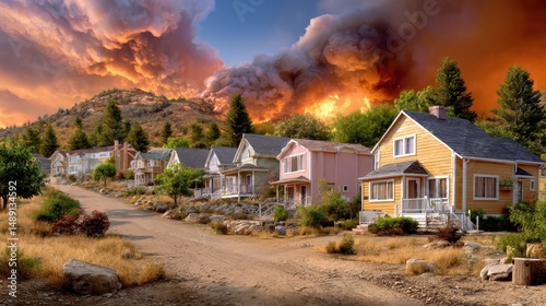 Stunning landscape depicting homes against a backdrop of wildfire smoke and vibrant sunset colors.