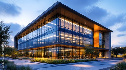 Wallpaper Mural Architectural marvel: Modern building with reflective glass exterior at twilight Torontodigital.ca