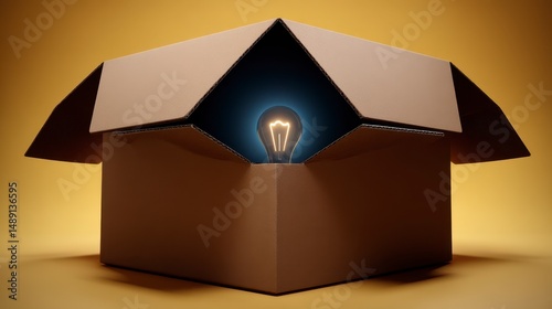 Bright Idea  Glowing Light Bulb Inside Open Cardboard Box