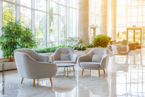 Modern, bright lobby with comfortable seating and greenery