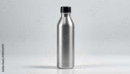 Shiny Stainless Steel Water Bottle Isolated On White Background With Black Bottle Cap And Vertical Orientation