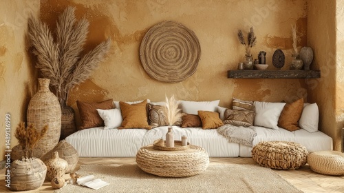 A well-lit, cozy living area with wooden textures, plush cushions, and earth-toned decorative elements