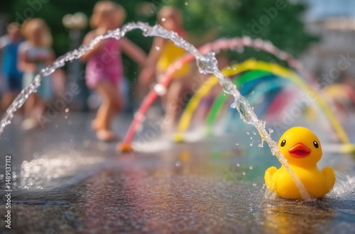 Fototapeta Naklejka Na Ścianę i Meble -  Yellow duck toy with water jets and children playing in colorful summer splash pad, playful urban water park moment, fun family outdoor scene