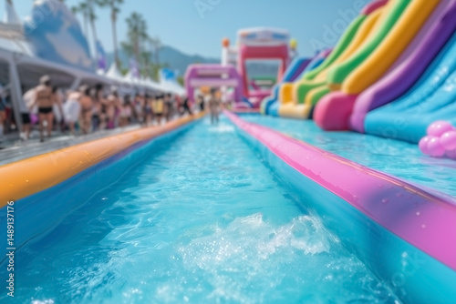 Colorful inflatable water slide edge with splashing water in bright summer amusement park, fun outdoor attraction for kids and family event