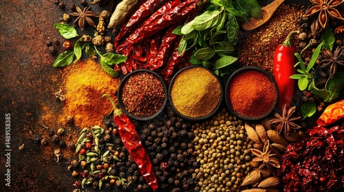 Fototapeta Naklejka Na Ścianę i Meble -  An exotic spice collection featuring a mix of whole and ground spices, dried peppers, and aromatic herbs.