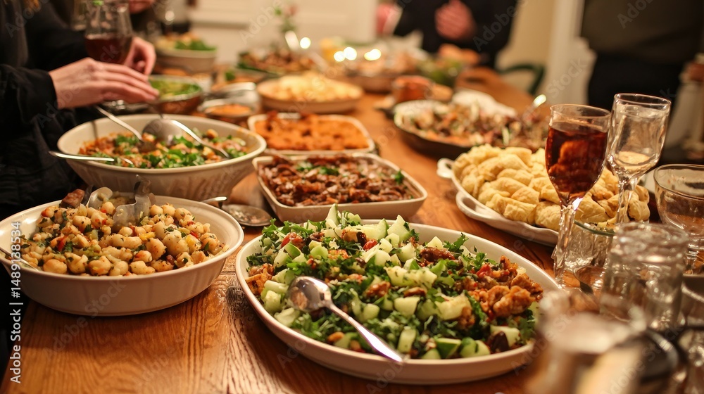 Fototapeta premium An inviting Indian dinner spread with a variety of aromatic dishes, vibrant spices, and rich textures.