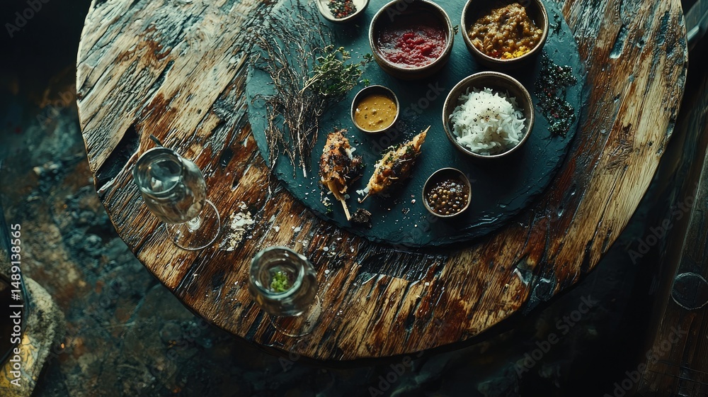 Naklejka premium An inviting Indian thali set with aromatic curries, rice, and pickles, placed on a rustic wooden table.