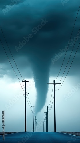 A dramatic tornado touches down in a rural area, with power lines framing the intense stormy sky.