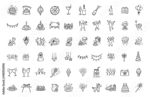A set of vector line icons on the theme of birthday and party, event celebration, large bundle of black hand-drawn symbols isolated on a white background