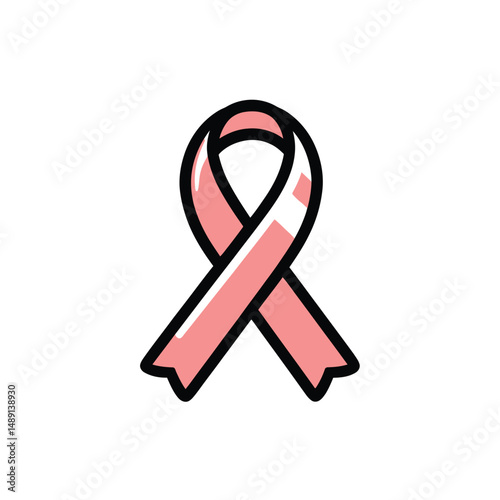 Isolated pink ribbon with black outline signifies support and is on transparent background