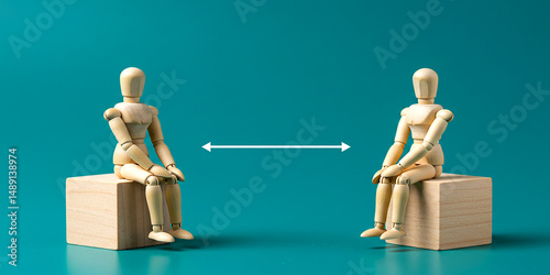 Two wooden figures sitting apart emphasizing social distancing and personal space with a on transparent background