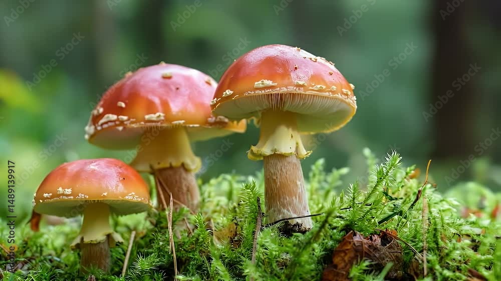 Trio of Red Capped Mushrooms Adorned with White Spots on Green Moss in a Forest Setting Trio of Red Capped Mushrooms Adorned with White Spots on Green Moss in a Forest Setting