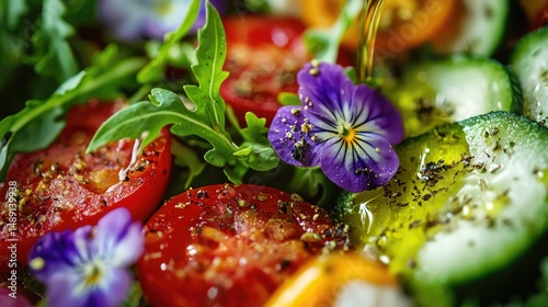 Fresh vegetable salad with edible flowers, olive oil drizzle, and artisanal presentation.