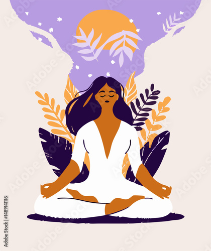 Woman Meditating Peaceful Yoga Pose Illustration