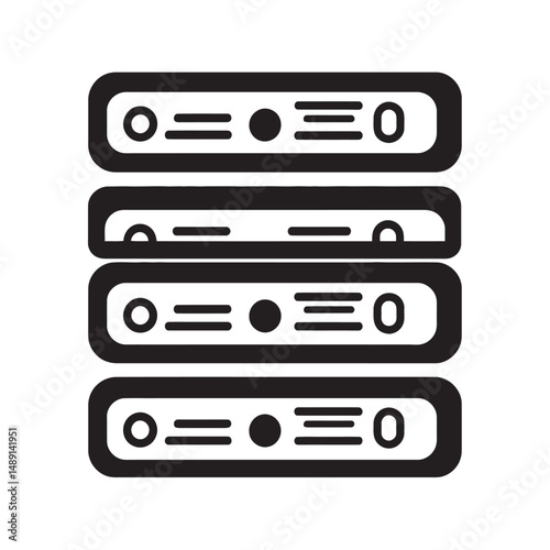 Isolated stacked server icon displays a sleek black silhouette on a transparent background