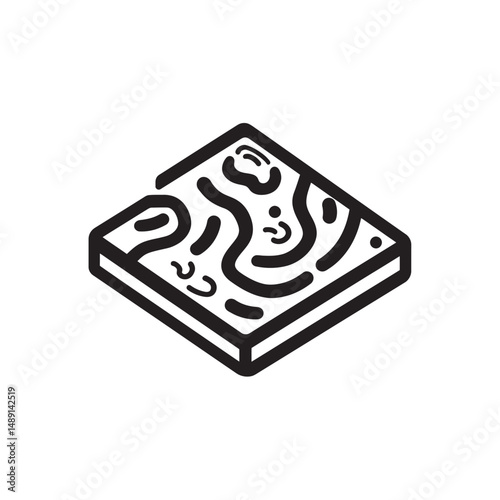 Isometric terrain map displaying black curvy lines on a square block shape with transparent background