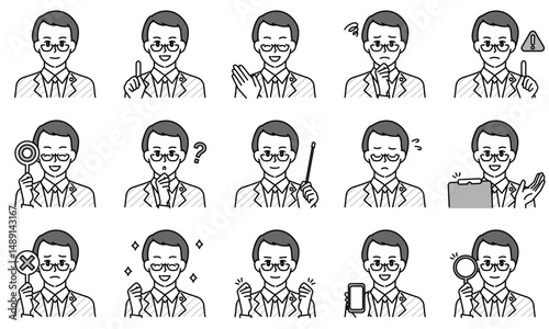 表情とポーズで感情を表す男性弁護士のイラストセット