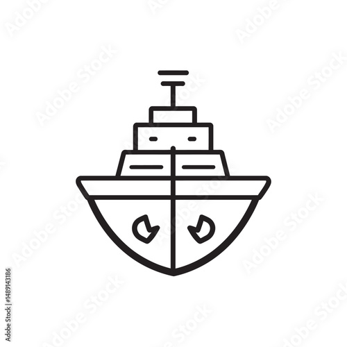 Line art boat icon displays minimalist design with anchors and layered structure, on transparent background