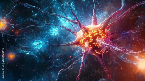 A detailed rendering of interconnected neurons with glowing orange and blue lights in a dark space