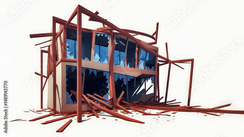 Damaged House Building with Broken Windows and Collapsed Structure
