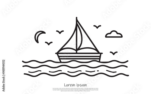 Outline Sailboat on Water with Moon and Birds, Transparent Background Design