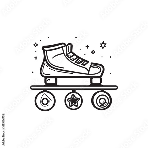 Line art displays a retro roller skate adorned with star accents on a transparent backdrop