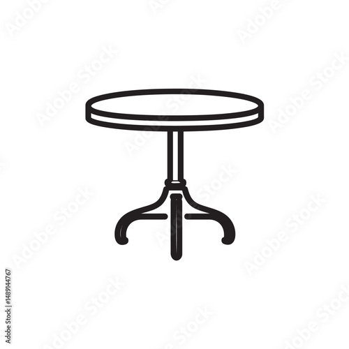 Line art displays small, round table supported by three legs on a white background