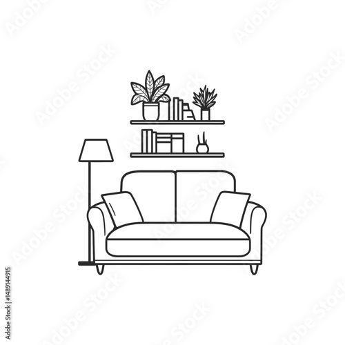 Line art illustration depicts sofa beneath shelves containing books and plants near a lamp; transparent