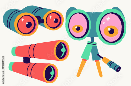 Cartoon Binoculars, Telescope, and Spyglass Illustrations