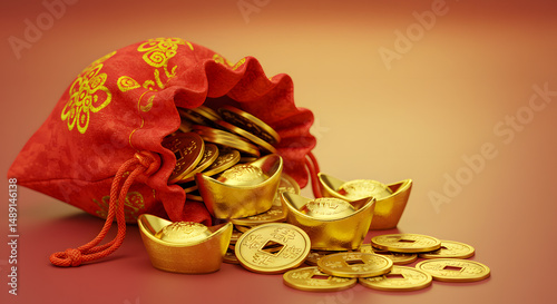 Gold ingots coins spilling from festive red bag representing wealth
