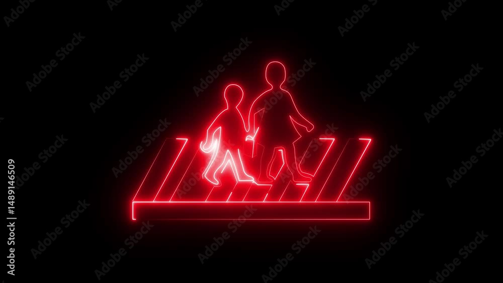 Two people crossing the street illuminated by neon lights. Neon pedestrian crossing sign. Neon glowing traffic icon animation. walking sign