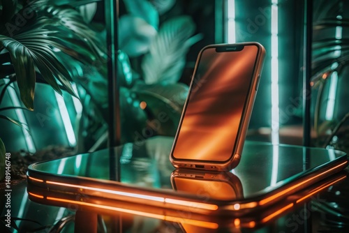 Smartphone reflecting on a glass table with neon lights and plants