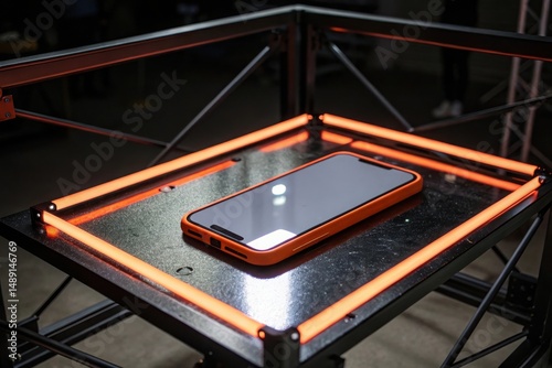 Smartphone with orange case on a metal surface with illuminated frame