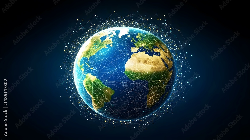 Fototapeta premium The image shows a digitally rendered Earth globe enveloped in a network of interconnected lines and nodes, illustrating global connectivity.A medium description sentence: A digital rendering depicts