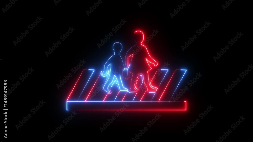 Two people crossing the street illuminated by neon lights. Neon pedestrian crossing sign. Neon glowing traffic icon animation. walking sign