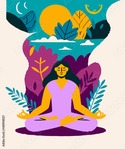 Woman Meditating, Peaceful Mind, Nature Illustration