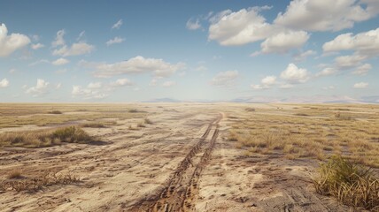 Papier peint photo Le salon A stunning view of a vast dry plain with cracked earth and scattered clouds, ideal for conveying adventure and the beauty of isolated landscapes.  © PTM Motorsports