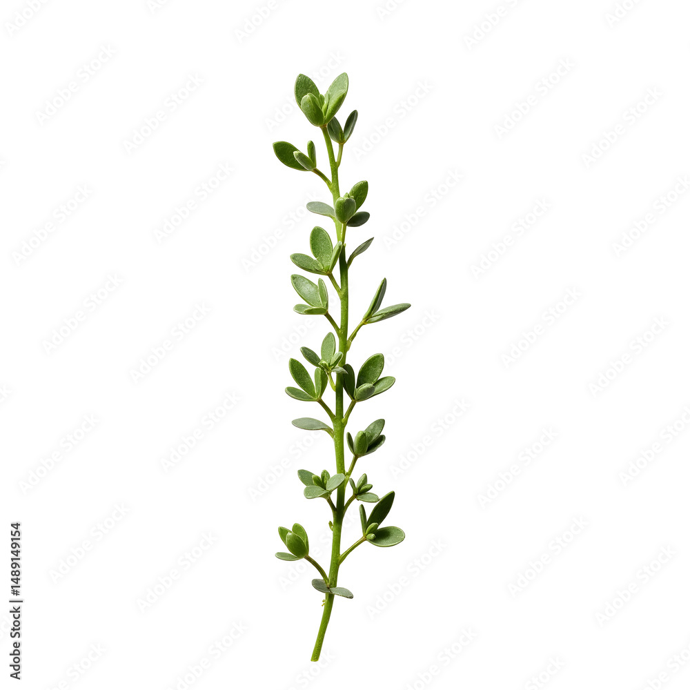 Fototapeta premium Detailed depiction of a thyme sprig with delicate leaves against a plain backdrop, showcasing its vibrant green hues and textured stem