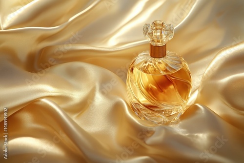 Luxurious perfume bottle on a bed of elegant silk.