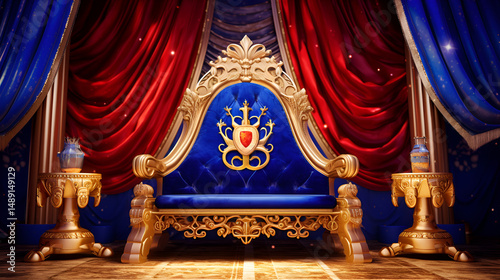 Red Blue Gold Throne Crown Stage Curtain Royalty Ceremony Background

