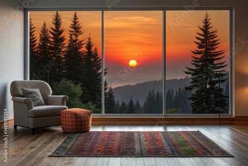 Living room interior with a view of sunset over a mountain forest