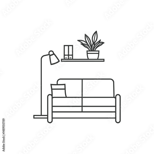 Line drawing features an apartment interior including sofa, lamp, shelf and plants