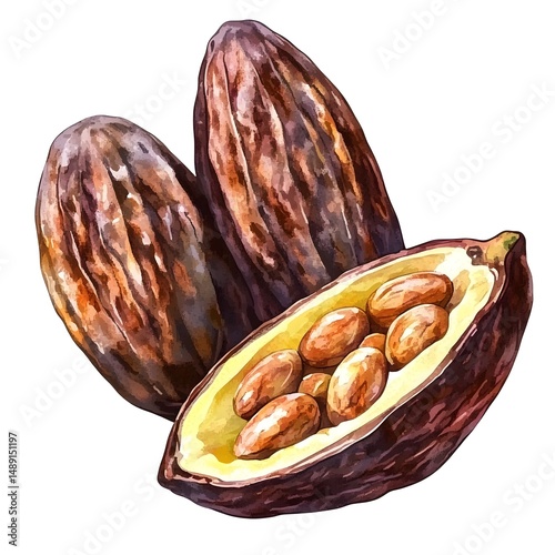 Exquisite Watercolor Cacao Illustration with Isolated Cocoa Beans for Designs
