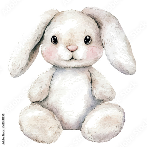 watercolor of Soft Plush Bunny With Floppy Ears, vector high quality, isolated on a white background.