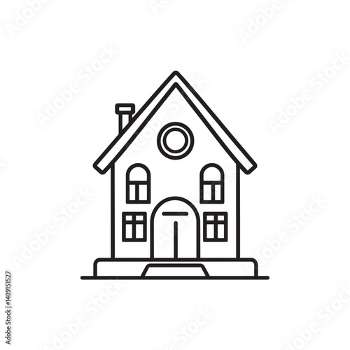 Line drawing reveals a house with chimney and round window on the roof