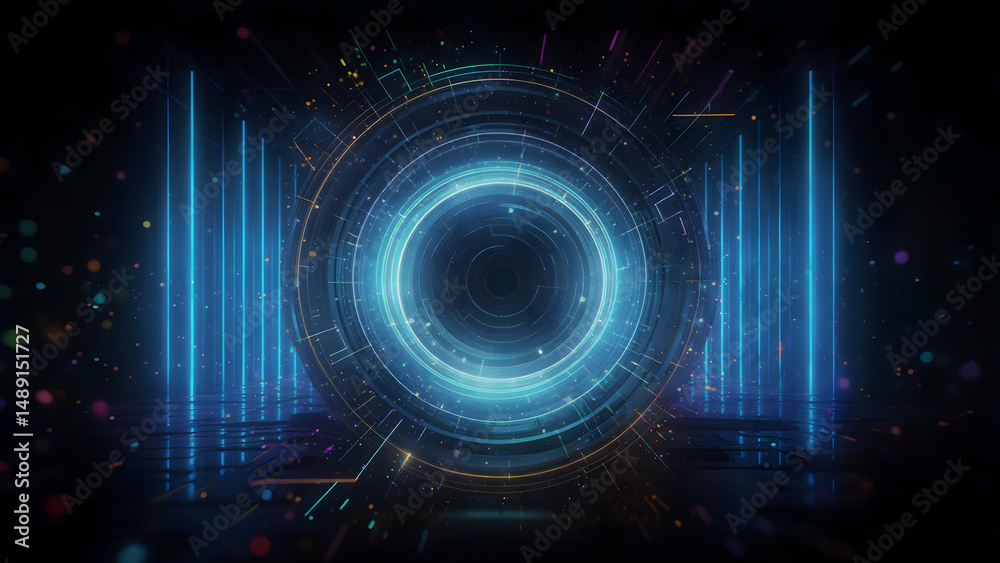 Fototapeta premium Futuristic Glowing Portal with Neon Lights and Circuit Board Details