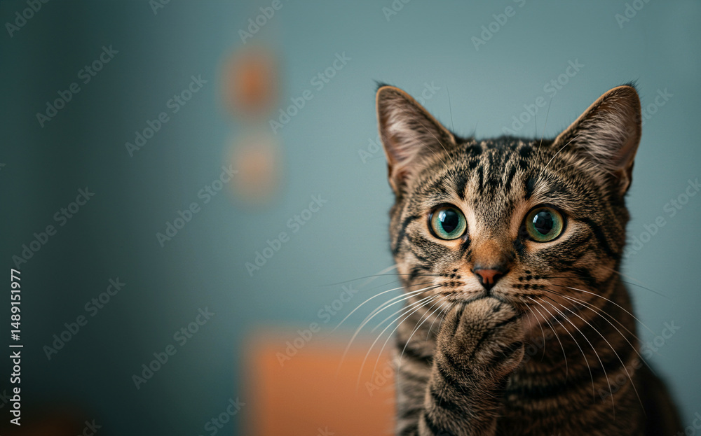 Obraz premium Surprised Tabby Cat with Paw to Mouth — A striped cat with green eyes holds its paw to its mouth in a human-like gesture of surprise, set against a solid light blue background with copy space. 