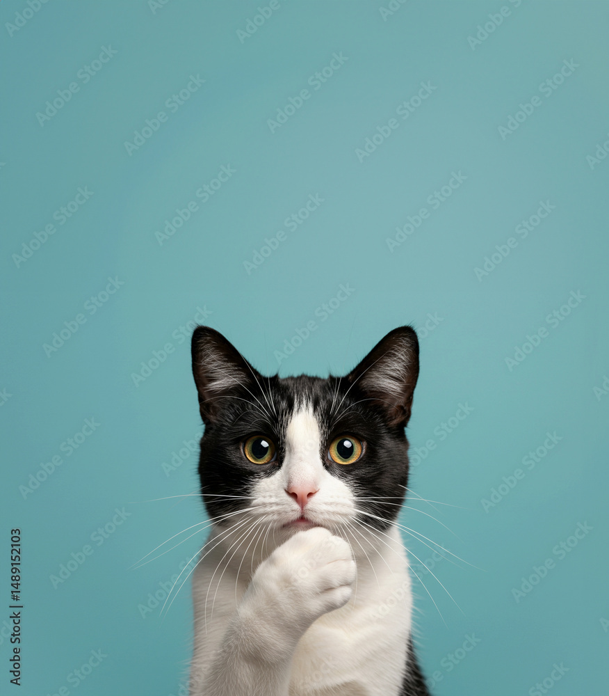 Black and White Cat with Paw to Mouth — A curious black and white cat poses with one paw to its mouth in a human-like gesture, set against a solid light blue background with copy space.
Black and White Cat with Paw to Mouth — A curious black and white cat poses with one paw to its mouth in a human-like gesture, set against a solid light blue background with copy space.